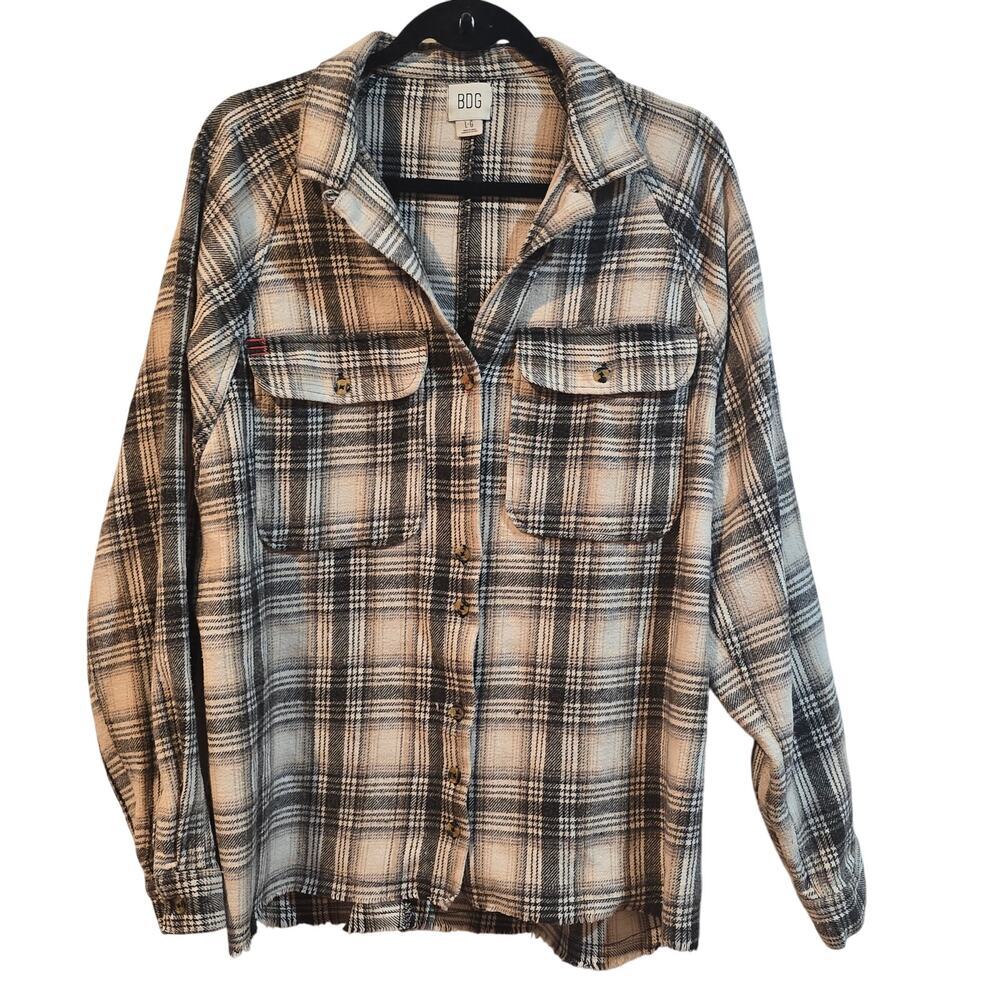 BDG Urban Outfitters Brendon Plaid High Low Raw Hem Button-Up Shirt‎ Women's L